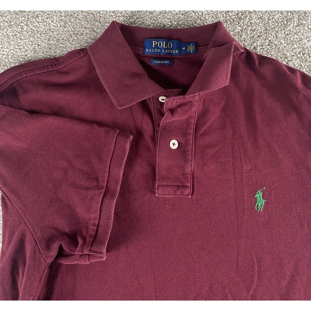 Polo Ralph Lauren Maroon Polo Shirt Mens M Cotton Green Pony Classic Fit Preppy